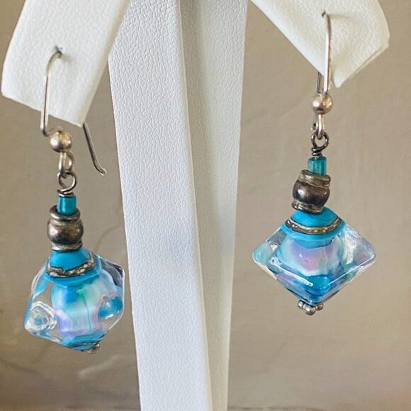 Murano Glass Drop Earrings Blue & Pink Sterling Silver Hooks Handcrafted  Jewelr - Picture 2 of 3